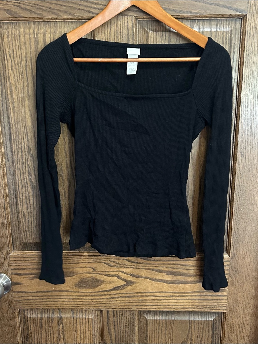 H&M Black Ribbed Long-Sleeve Square-Neck Top